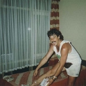 IDN Bali 1990OCT04 WRLFC WGT 015  Philthy just back from being stitched up after opening his leg up on a broken tile in the pool. : 1990, 1990 World Grog Tour, Asia, Bali, Indonesia, October, Rugby League, Wests Rugby League Football Club